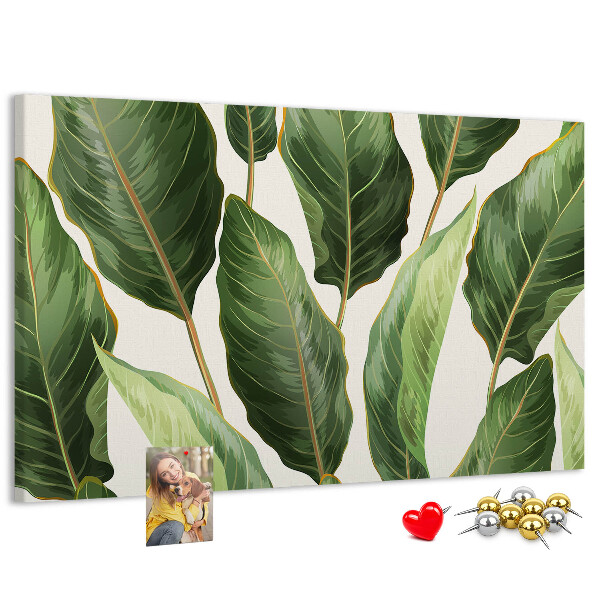 Bacheca in sughero con stampa di foglie tropicali in diverse tonalità di verde