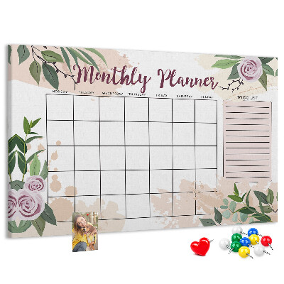 Bacheca in sughero calendario mensile con decorazioni floreali