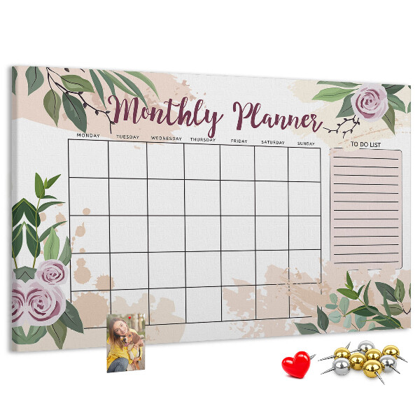 Bacheca in sughero calendario mensile con decorazioni floreali
