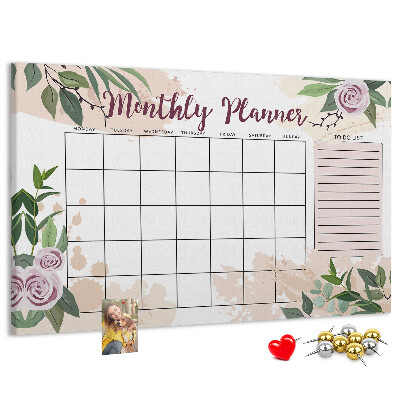Bacheca in sughero calendario mensile con decorazioni floreali
