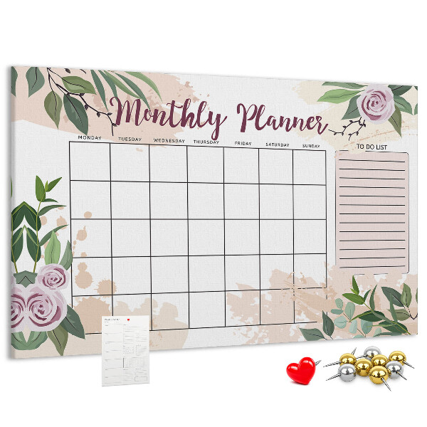 Bacheca in sughero calendario mensile con decorazioni floreali