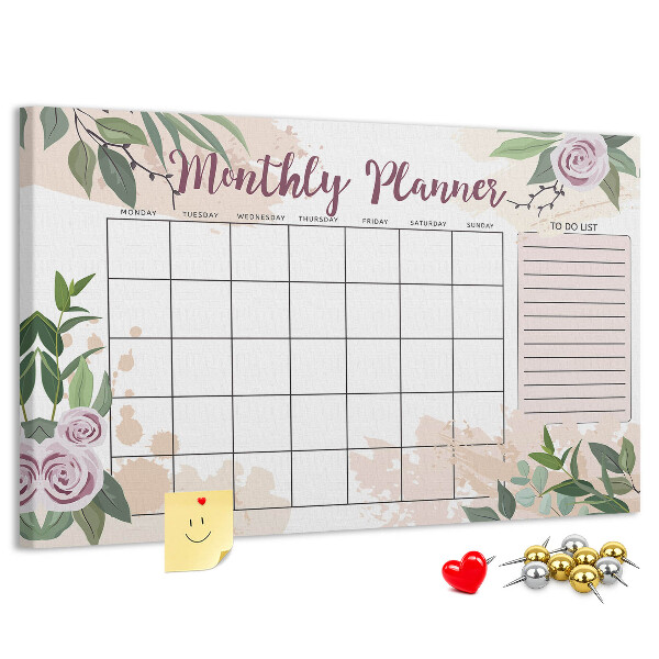 Bacheca in sughero calendario mensile con decorazioni floreali