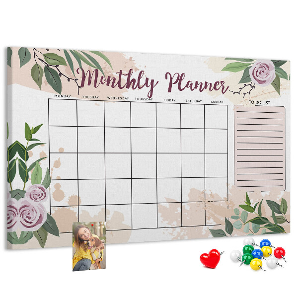 Bacheca in sughero calendario mensile con decorazioni floreali