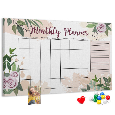 Bacheca in sughero calendario mensile con decorazioni floreali