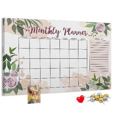 Bacheca in sughero calendario mensile con decorazioni floreali