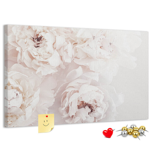 Lavagna di sughero con stampa di delicate peonie bianche su sfondo chiaro