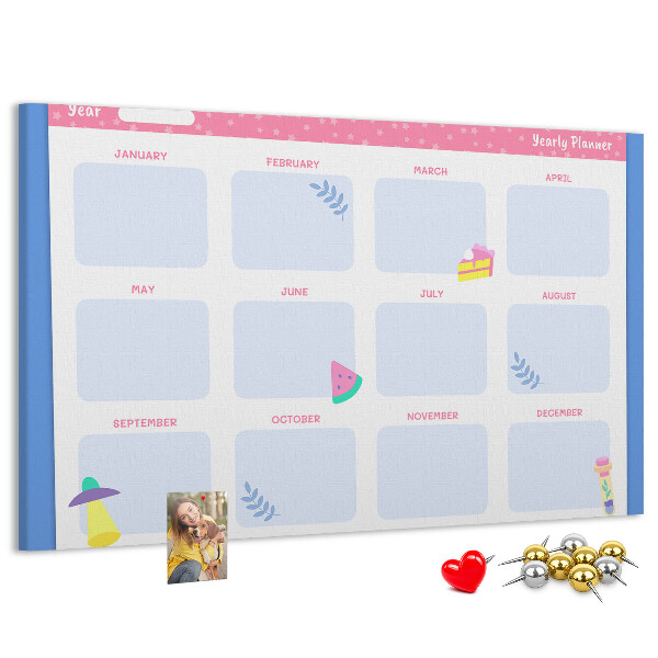 Bacheca in sughero agenda annuale colorata con motivo a frutta
