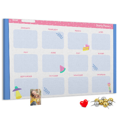 Bacheca in sughero agenda annuale colorata con motivo a frutta