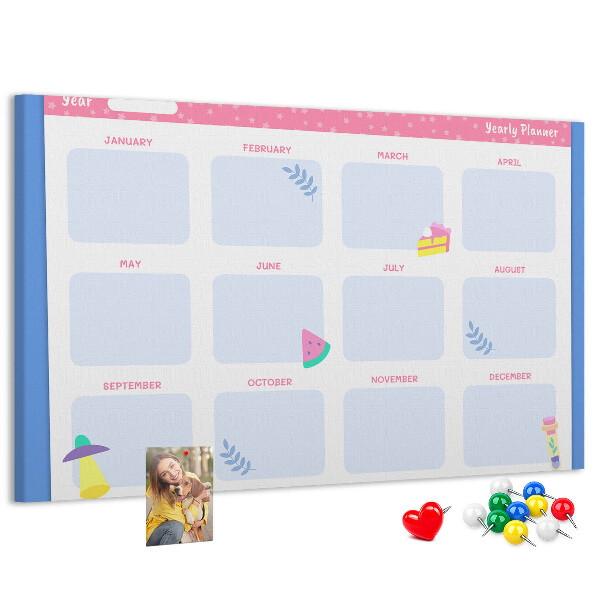 Bacheca in sughero agenda annuale colorata con motivo a frutta
