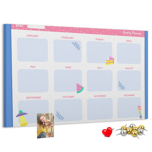 Bacheca in sughero agenda annuale colorata con motivo a frutta