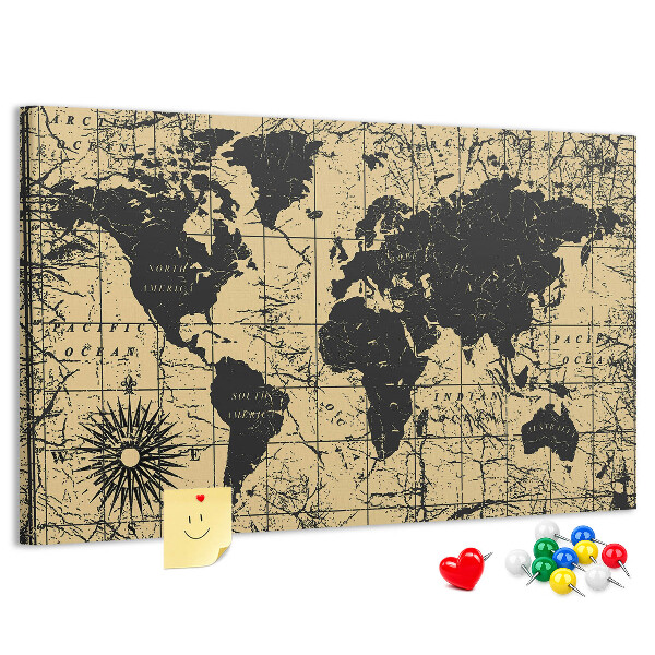 Bacheca in sughero mappa del mondo antico in nero e oro