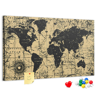Bacheca in sughero mappa del mondo antico in nero e oro
