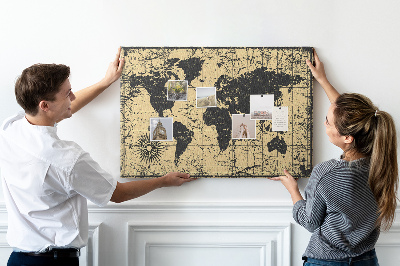 Bacheca in sughero mappa del mondo antico in nero e oro