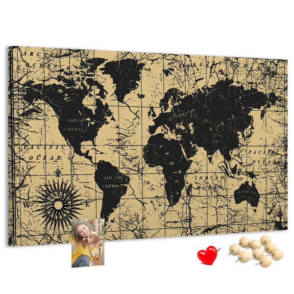 Bacheca in sughero mappa del mondo antico in nero e oro