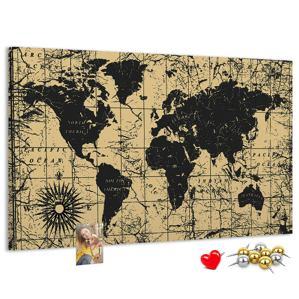Bacheca in sughero mappa del mondo antico in nero e oro