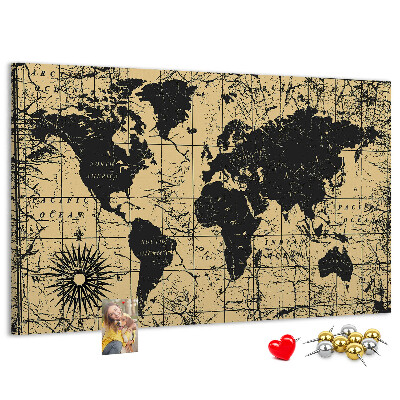 Bacheca in sughero mappa del mondo antico in nero e oro