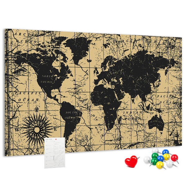 Bacheca in sughero mappa del mondo antico in nero e oro