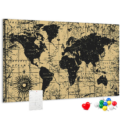Bacheca in sughero mappa del mondo antico in nero e oro