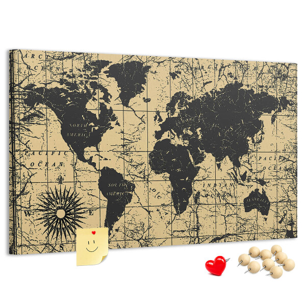 Bacheca in sughero mappa del mondo antico in nero e oro