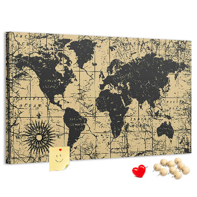 Bacheca in sughero mappa del mondo antico in nero e oro
