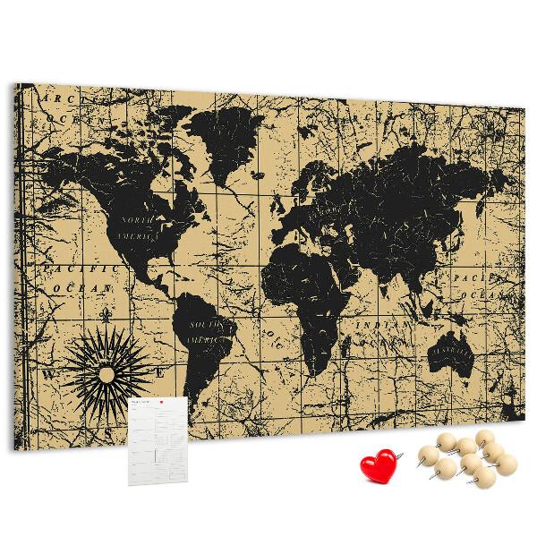 Bacheca in sughero mappa del mondo antico in nero e oro