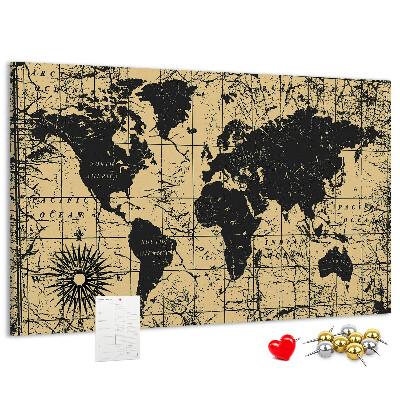 Bacheca in sughero mappa del mondo antico in nero e oro