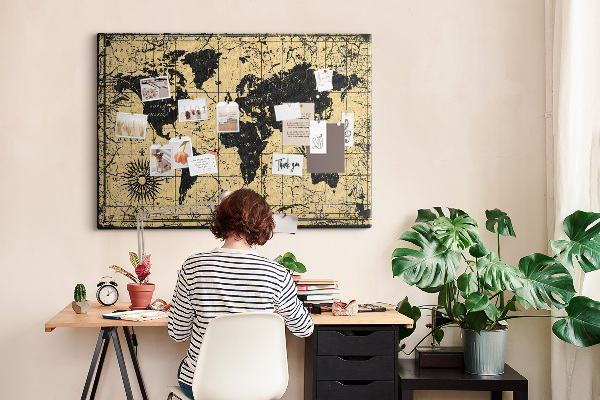 Bacheca in sughero mappa del mondo antico in nero e oro
