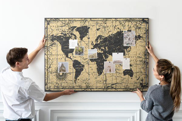 Bacheca in sughero mappa del mondo antico in nero e oro
