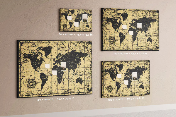 Bacheca in sughero mappa del mondo antico in nero e oro