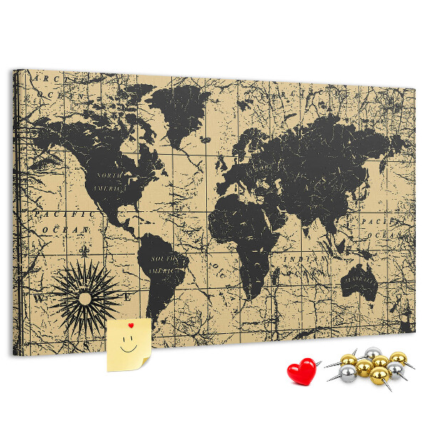 Bacheca in sughero mappa del mondo antico in nero e oro