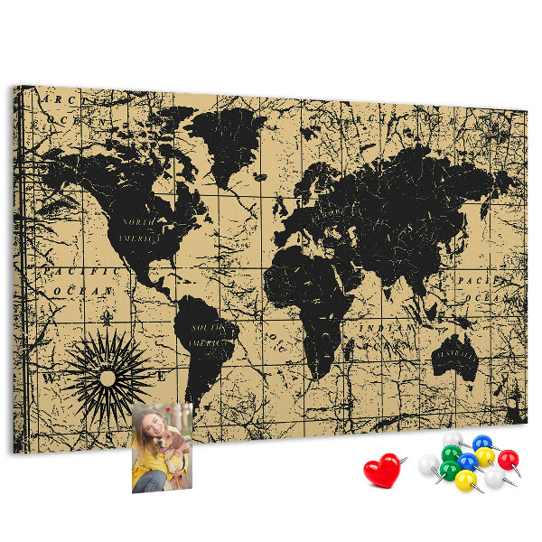 Bacheca in sughero mappa del mondo antico in nero e oro