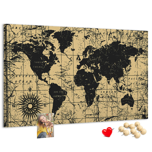 Bacheca in sughero mappa del mondo antico in nero e oro