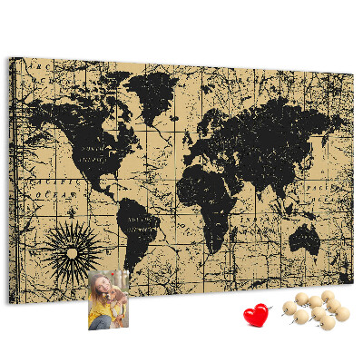 Bacheca in sughero mappa del mondo antico in nero e oro
