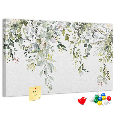 Bacheca in sughero con stampa di foglie verdi e fiori delicati