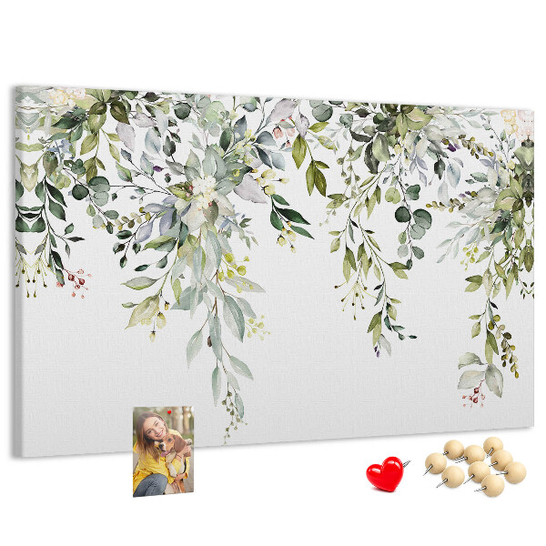 Bacheca in sughero con stampa di foglie verdi e fiori delicati
