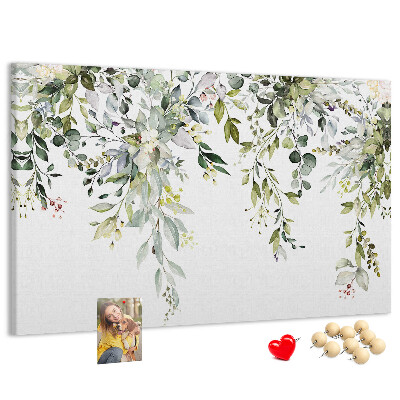 Bacheca in sughero con stampa di foglie verdi e fiori delicati
