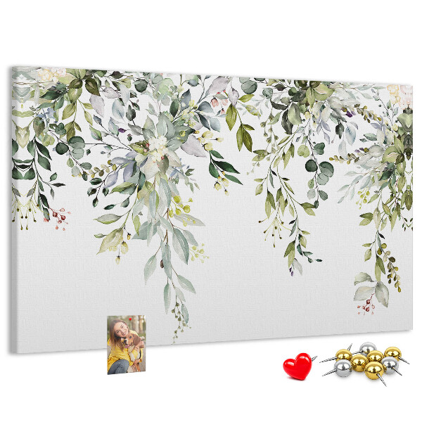 Bacheca in sughero con stampa di foglie verdi e fiori delicati