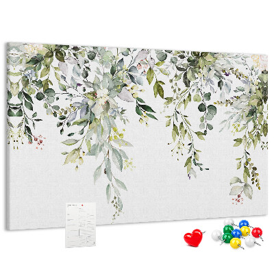 Bacheca in sughero con stampa di foglie verdi e fiori delicati