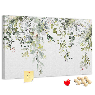Bacheca in sughero con stampa di foglie verdi e fiori delicati