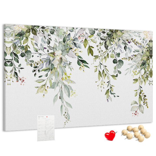 Bacheca in sughero con stampa di foglie verdi e fiori delicati