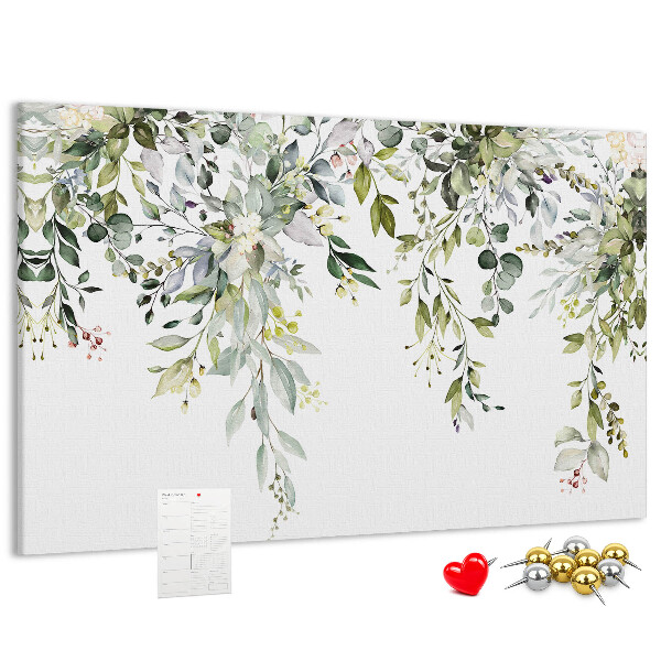 Bacheca in sughero con stampa di foglie verdi e fiori delicati
