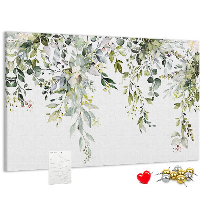 Bacheca in sughero con stampa di foglie verdi e fiori delicati