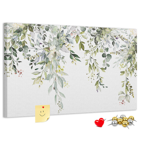 Bacheca in sughero con stampa di foglie verdi e fiori delicati