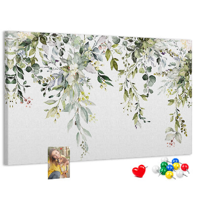 Bacheca in sughero con stampa di foglie verdi e fiori delicati