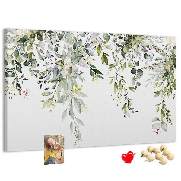 Bacheca in sughero con stampa di foglie verdi e fiori delicati