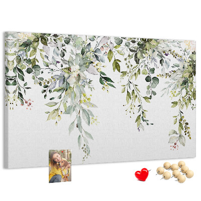 Bacheca in sughero con stampa di foglie verdi e fiori delicati