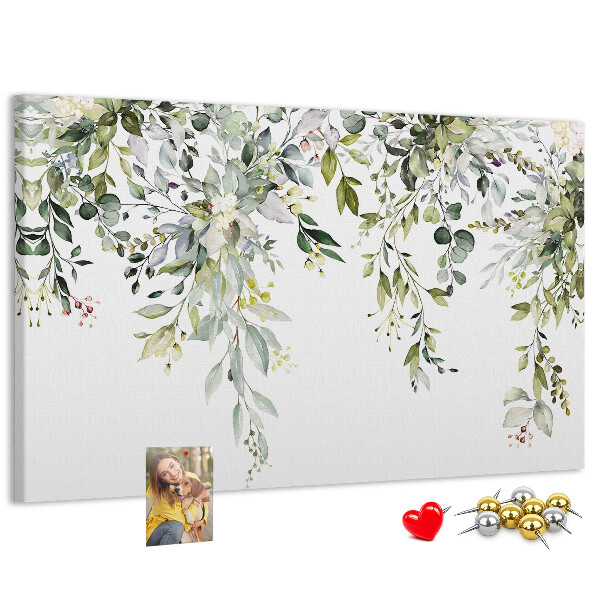 Bacheca in sughero con stampa di foglie verdi e fiori delicati