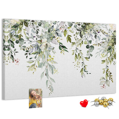 Bacheca in sughero con stampa di foglie verdi e fiori delicati