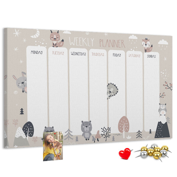 Bacheca in sughero con design animali del bosco e agenda settimanale