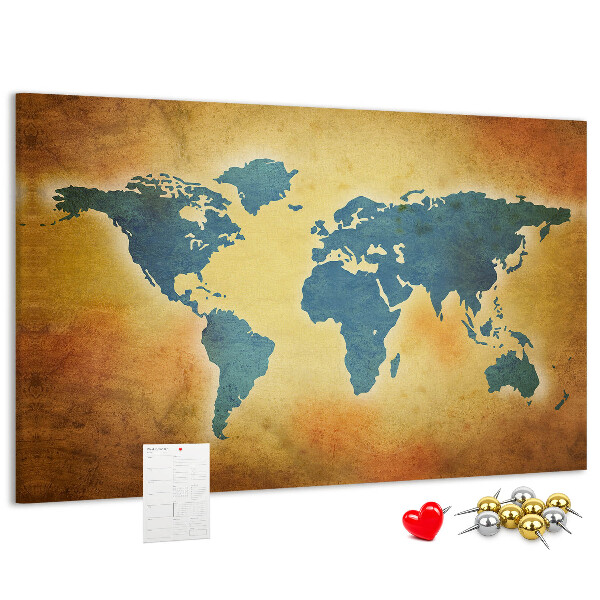 Bacheca in sughero con mappa del mondo su sfondo carta marrone